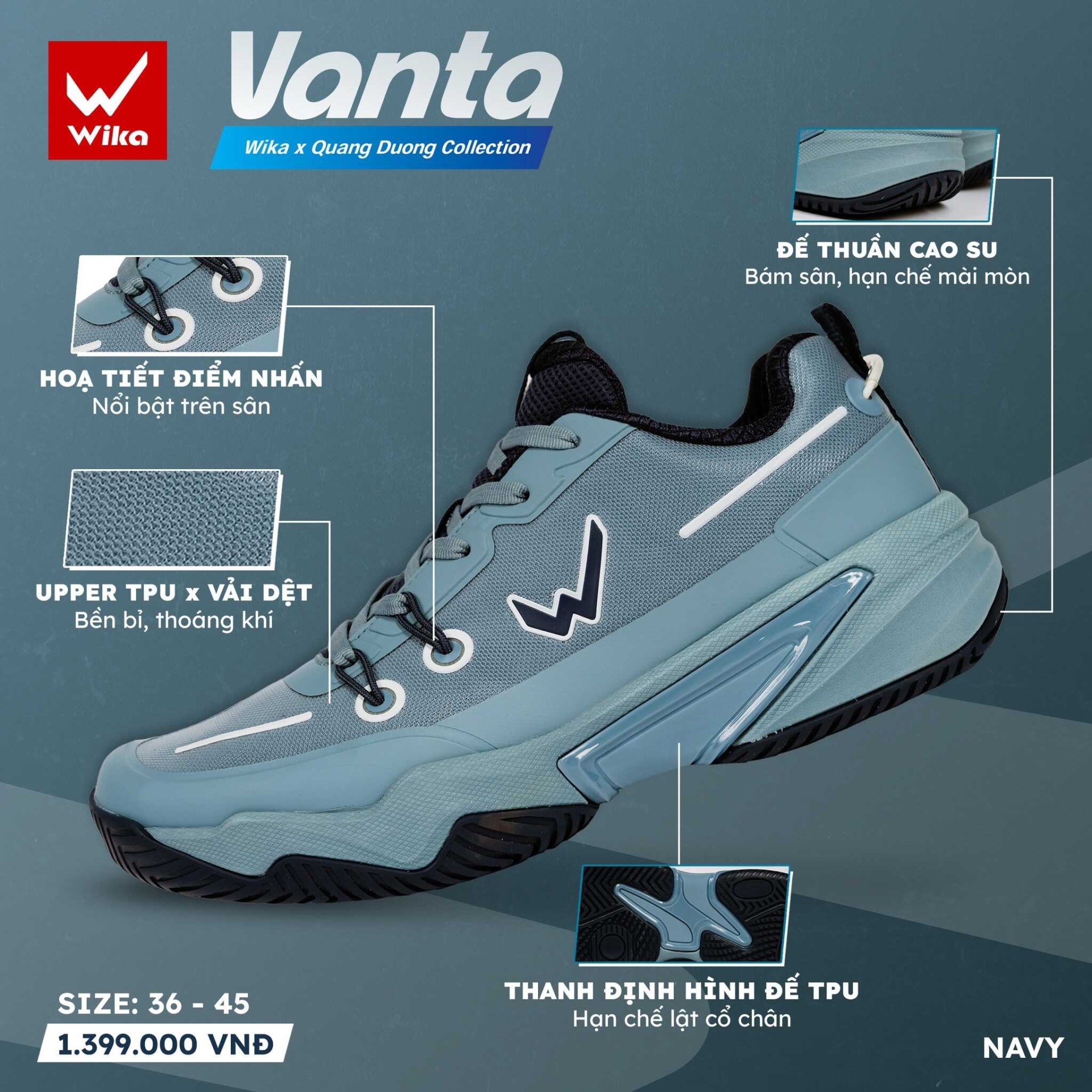 Giày Pickleball nam nữ Wika Vanta Quang Dương