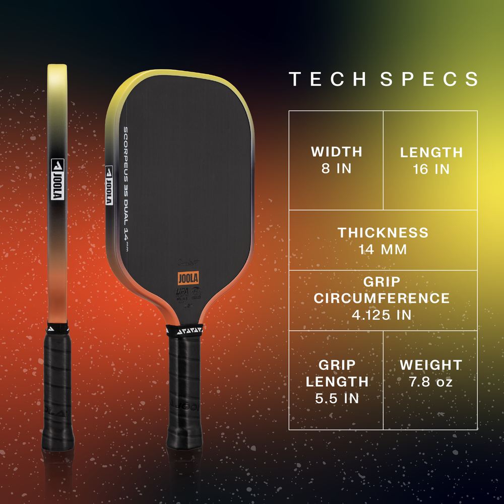Cạnh vợt pickleball ch&iacute;nh h&atilde;ng JOOLA Scorpeus 3S Dual cấu tr&uacute;c Propulsion Core giảm rung, ổn định cao.